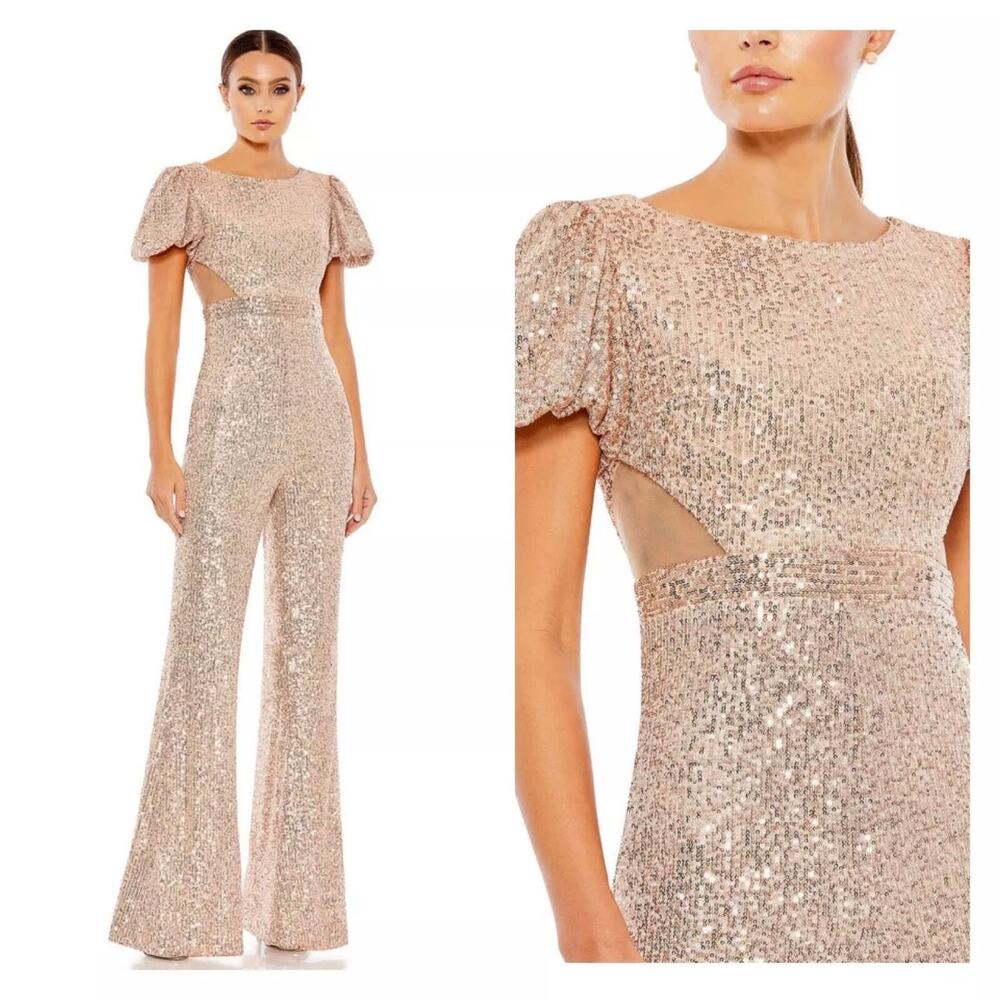 Mac Duggal Rose Gold Sequin Cutout Jumpsuit